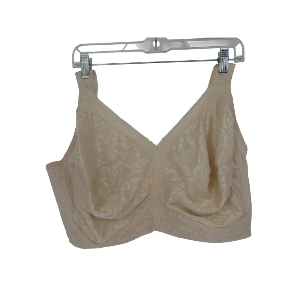 Playtex 18 Hour Wireless Bra 46DDD Beige Floral Jacquard Lace Trim Neutral Chic